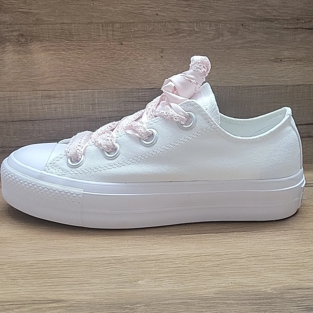 Converse Kids White Sneakers with Pink Laces